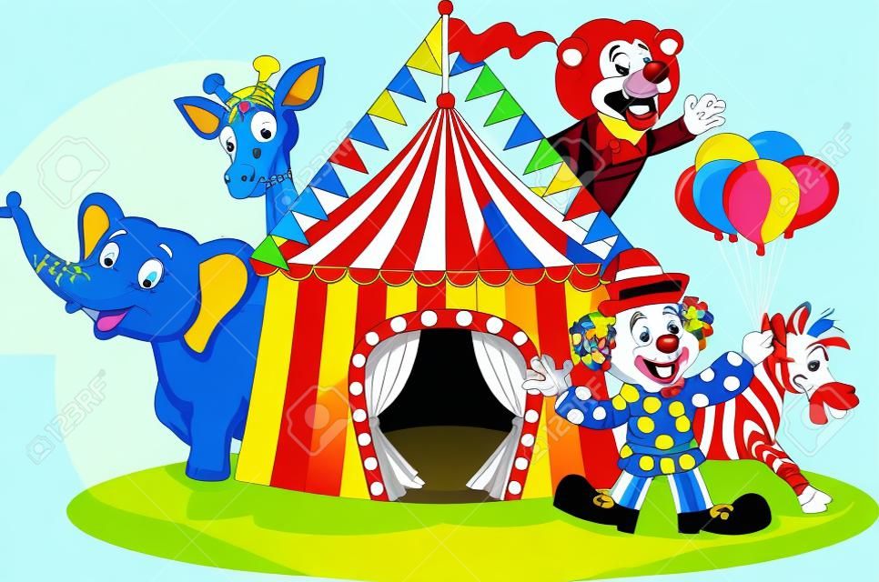 illustrazione di Cartoon felice animale da circo e pagliaccio