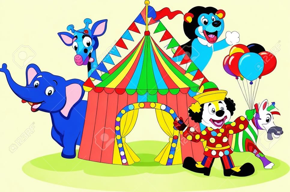 ilustración de dibujos animados feliz animal de circo y clown