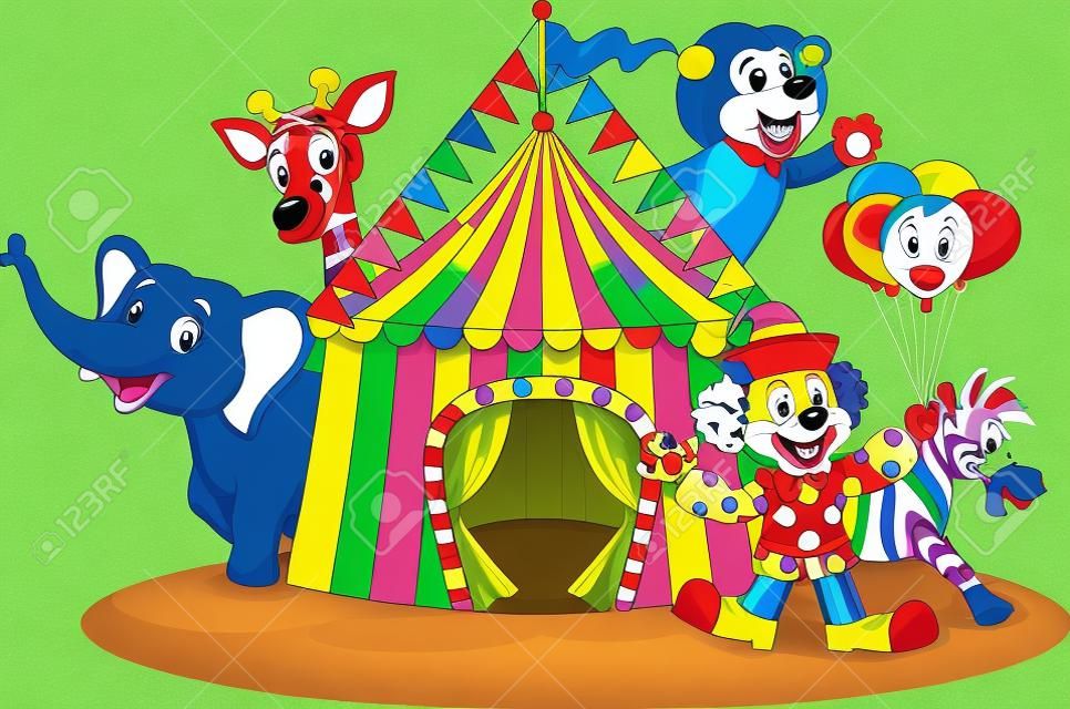 ilustración de dibujos animados feliz animal de circo y clown