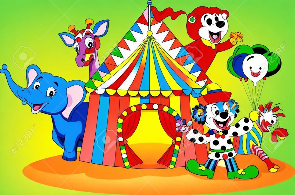 卡通动物马戏团和小丑插画