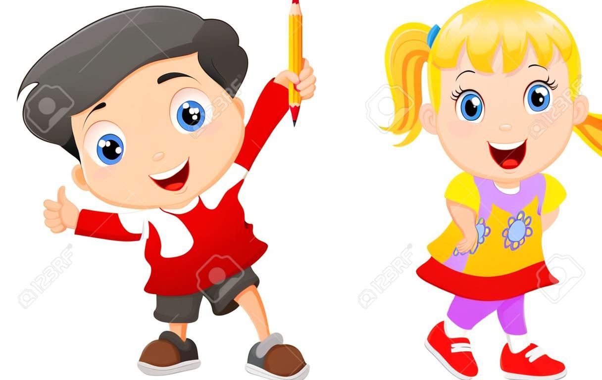 Vector illustration of Little kids holding pencil isolated on white background