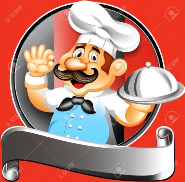 Ilustración vectorial de dibujos animados cocinero divertido con bigote que sostiene una bandeja de plata