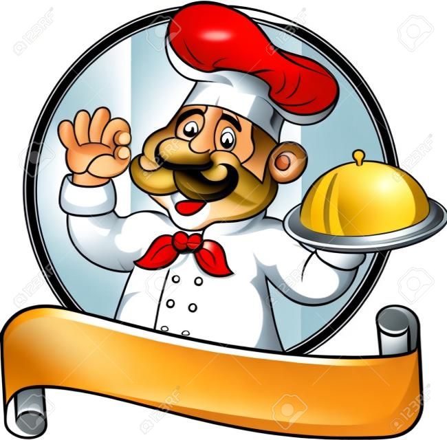 Ilustración vectorial de dibujos animados cocinero divertido con bigote que sostiene una bandeja de plata