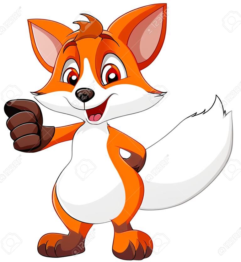 有趣的卡通狐狸給豎起大拇指在白色背景孤立