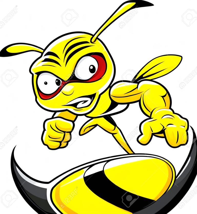 卡通憤怒蜜蜂吉祥物矢量插圖隔絕在白色背景