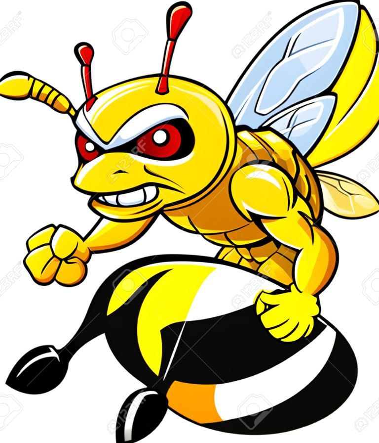 憤怒的蜜蜂吉祥物矢量插圖隔絕在白色背景