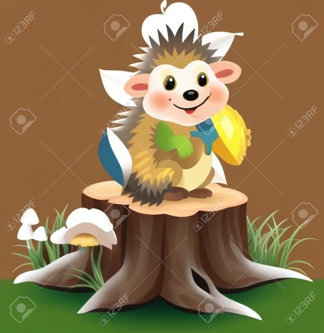 Vector illustration of Little hedgehog holding mushroom on tree stump