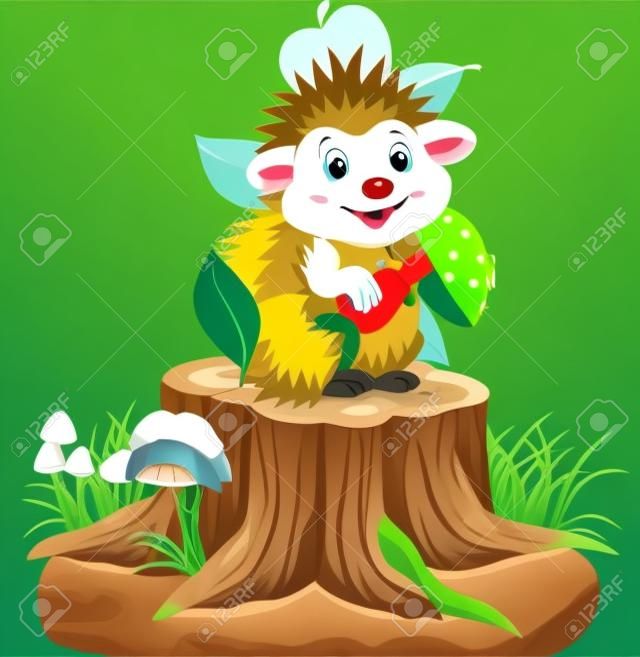 Vector illustration of Little hedgehog holding mushroom on tree stump