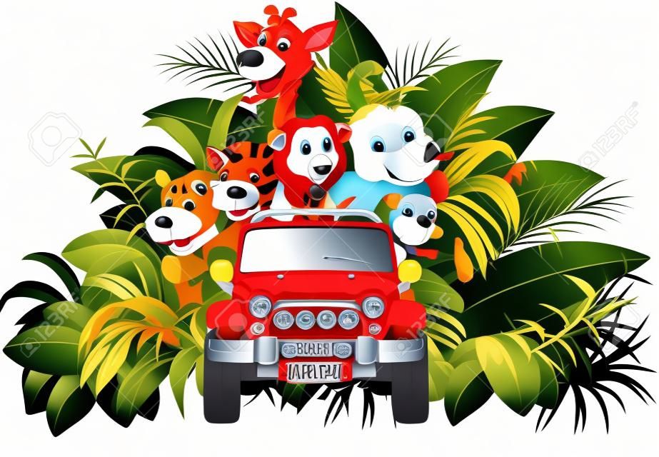 Vektor-Illustration von Happy Urlaub Tier Afrika im roten Auto