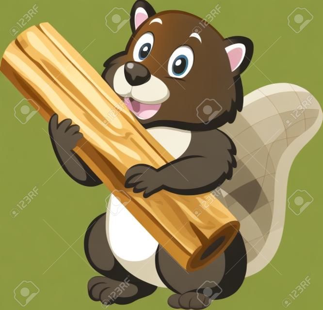 illustration of Cartoon beaver holding wood