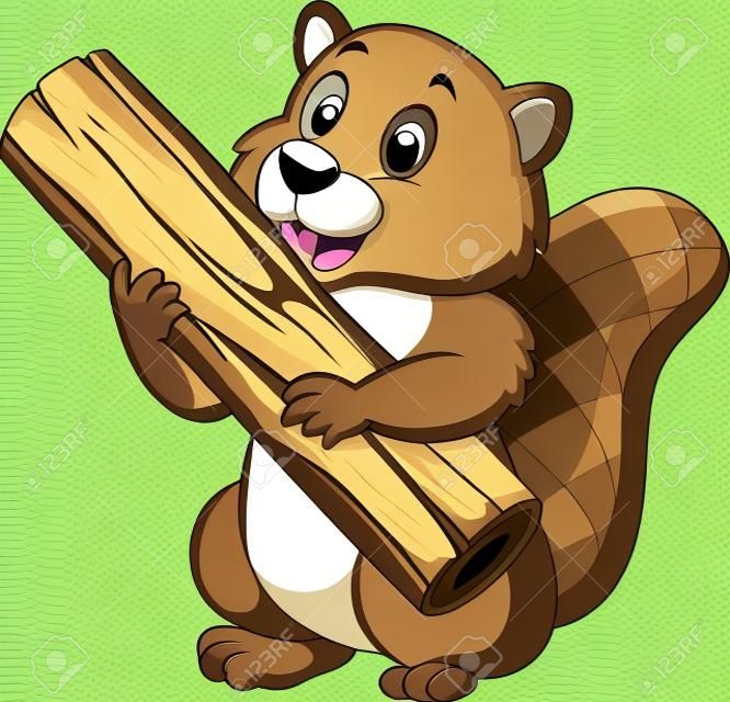 illustrazione del cartone animato castoro tenendo legno