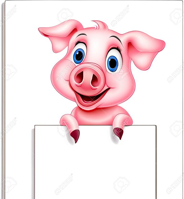 Ilustração vetorial de porco dos desenhos animados segurando o sinal em branco