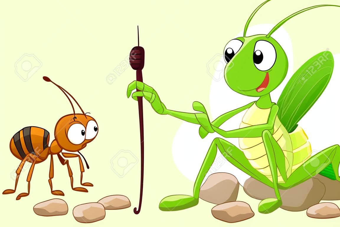 Ilustración vectorial de dibujos animados de la hormiga y el saltamontes