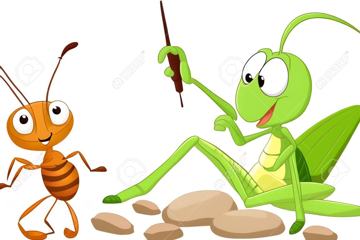 Vector illustration of cartoon the ant and the grasshopper