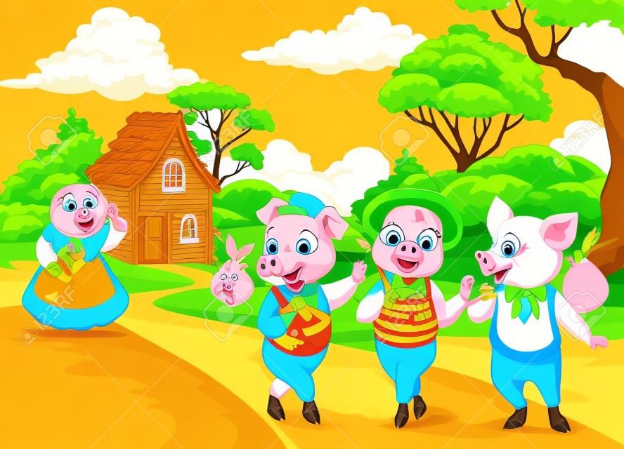 Vector illustration of Cartoon mother pig with three little pigs