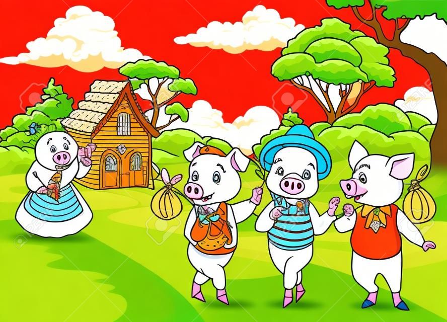 Ilustração vetorial de porco mãe dos desenhos animados com três porquinhos