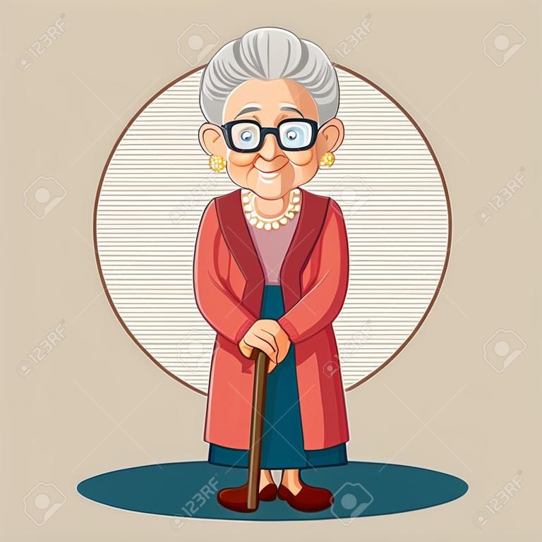 Cartoon Oude vrouw met stok