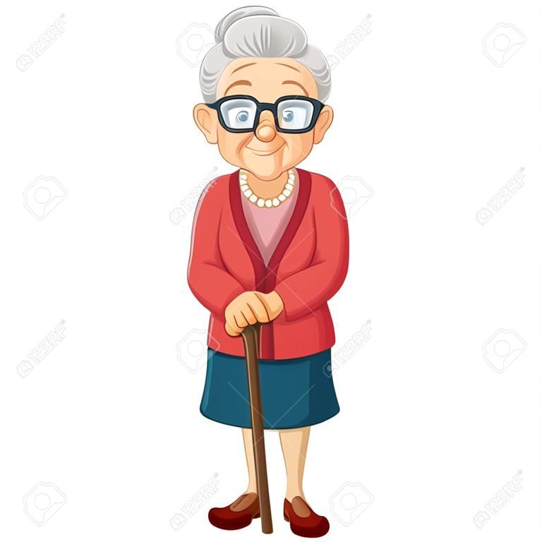 Dessin animé vieille femme avec une canne