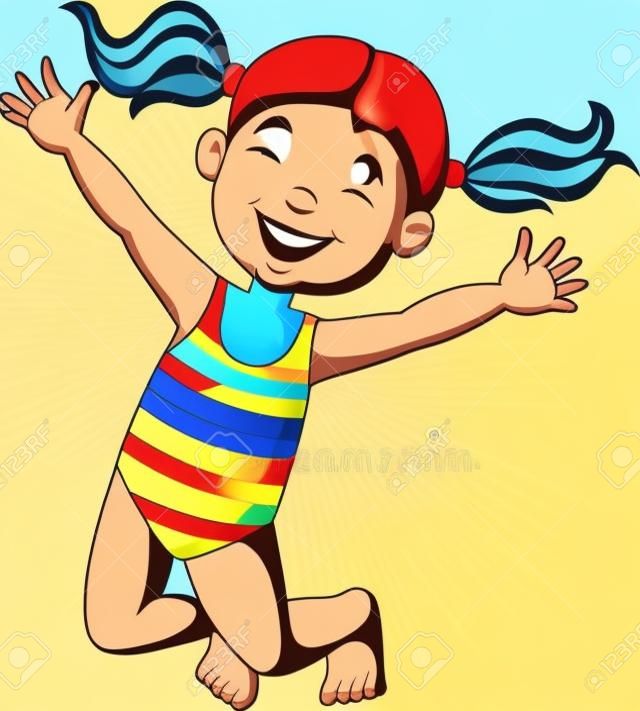Ilustración de vector de niña feliz de dibujos animados en traje de baño