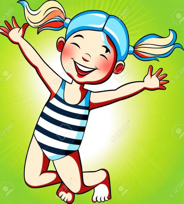 Wektorowa ilustracja kreskówka szczęśliwa dziewczyna w stroju kąpielowym