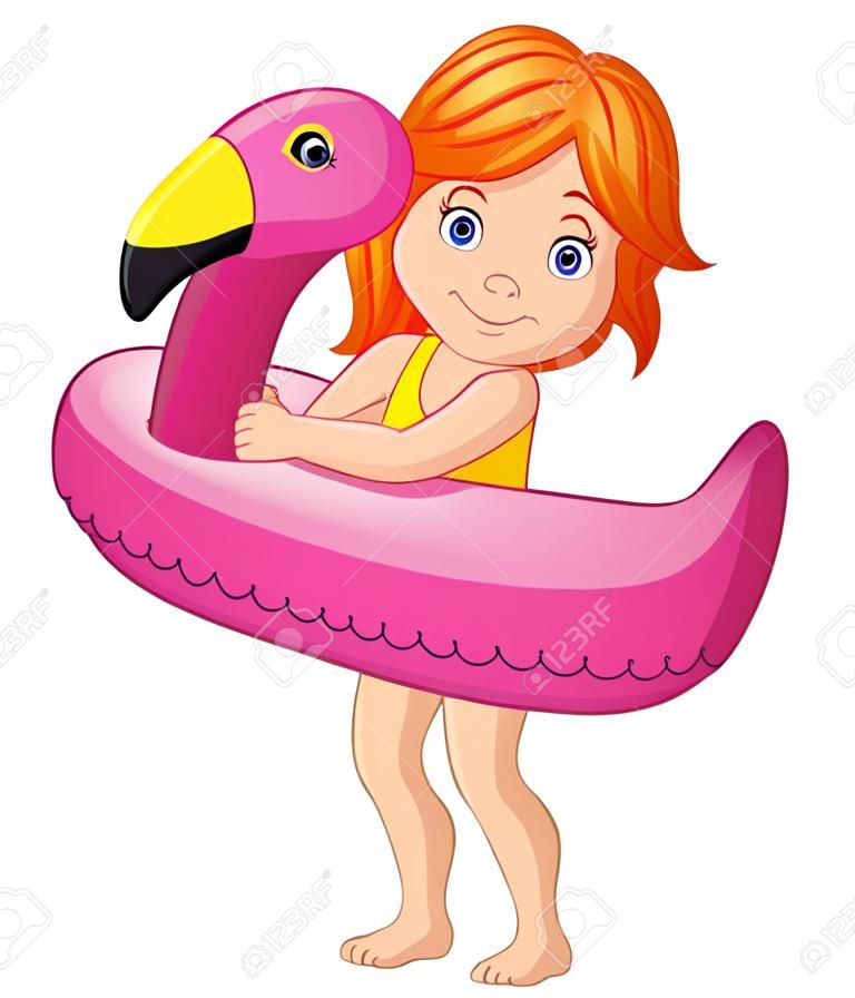 Illustration vectorielle de dessin animé petite fille en maillot de bain avec flamant rose gonflable
