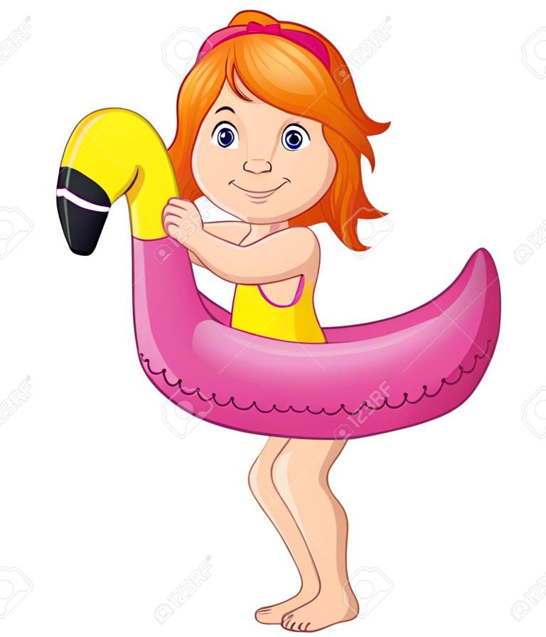 Illustration vectorielle de dessin animé petite fille en maillot de bain avec flamant rose gonflable