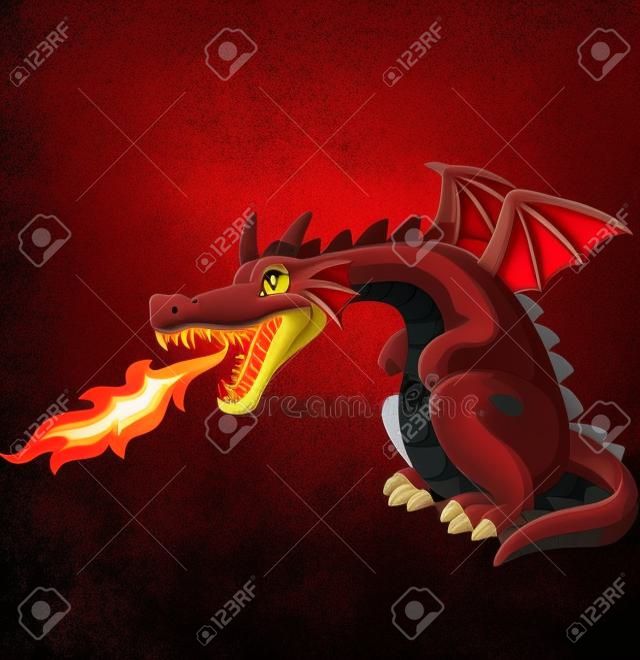 Desenho animado dragão vermelho cuspindo fogo - Stockphoto