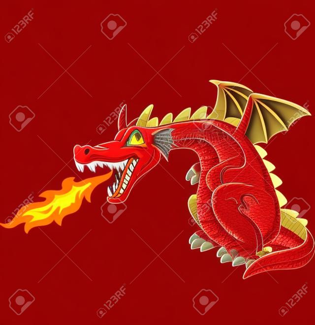 Vector illustration of red dragon spitting fire