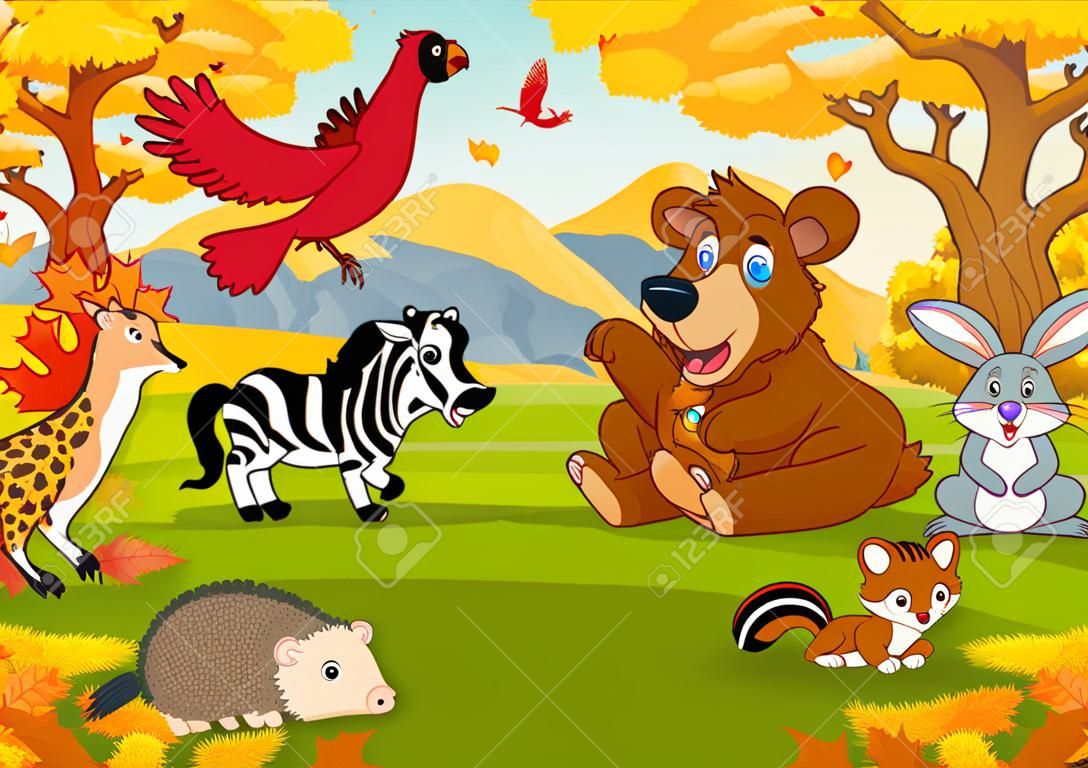 Animais selvagens dos desenhos animados na floresta do outono