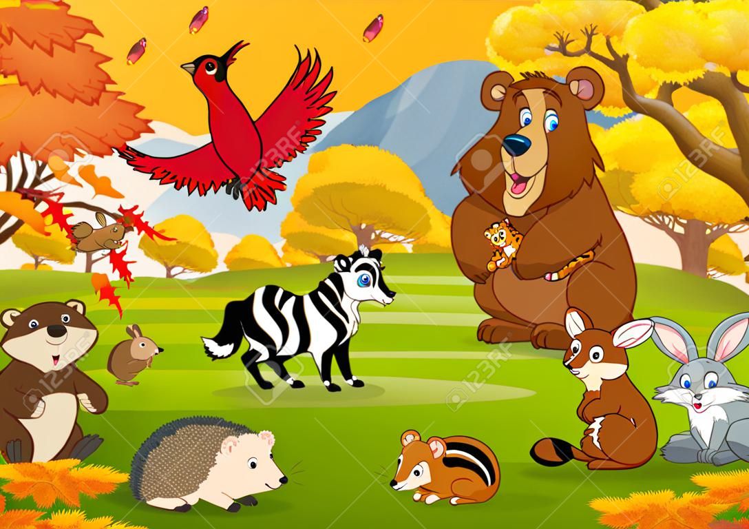 Animais selvagens dos desenhos animados na floresta do outono