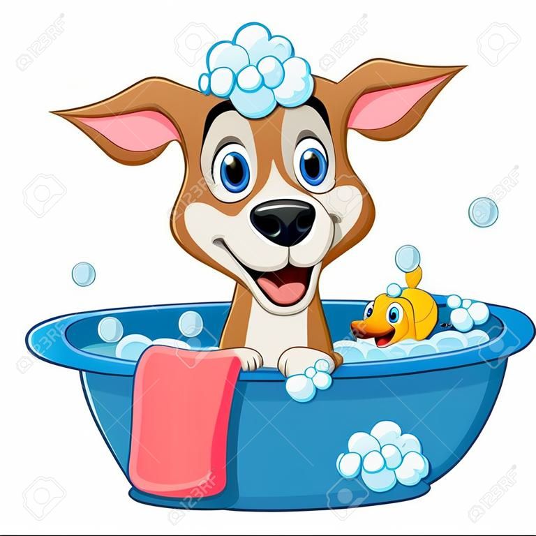 お風呂を持つ漫画犬のベクトルイラスト