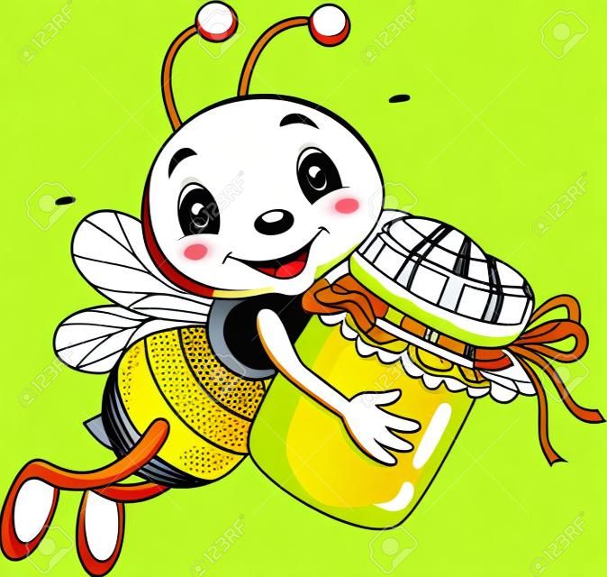 Illustration vectorielle de dessin animé petite abeille tenant un pot de miel