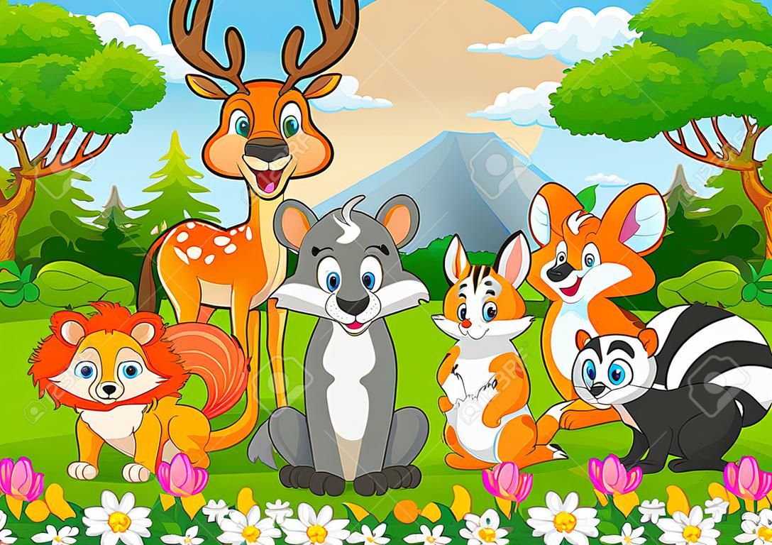 Ilustração vetorial de animais selvagens dos desenhos animados na selva