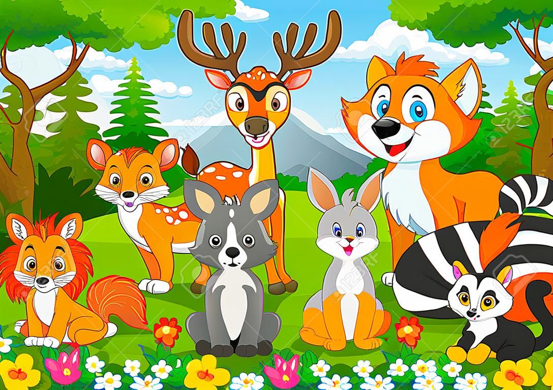 Ilustração vetorial de animais selvagens dos desenhos animados na selva