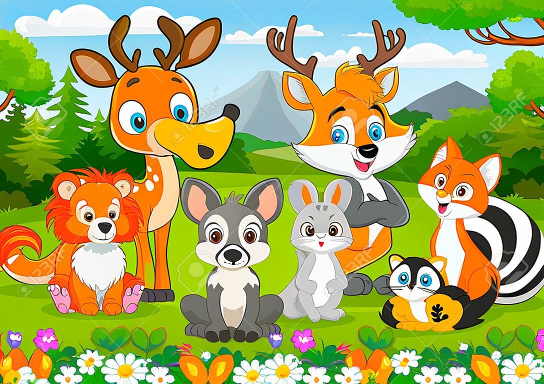 Ilustración de vector de dibujos animados de animales salvajes en la selva