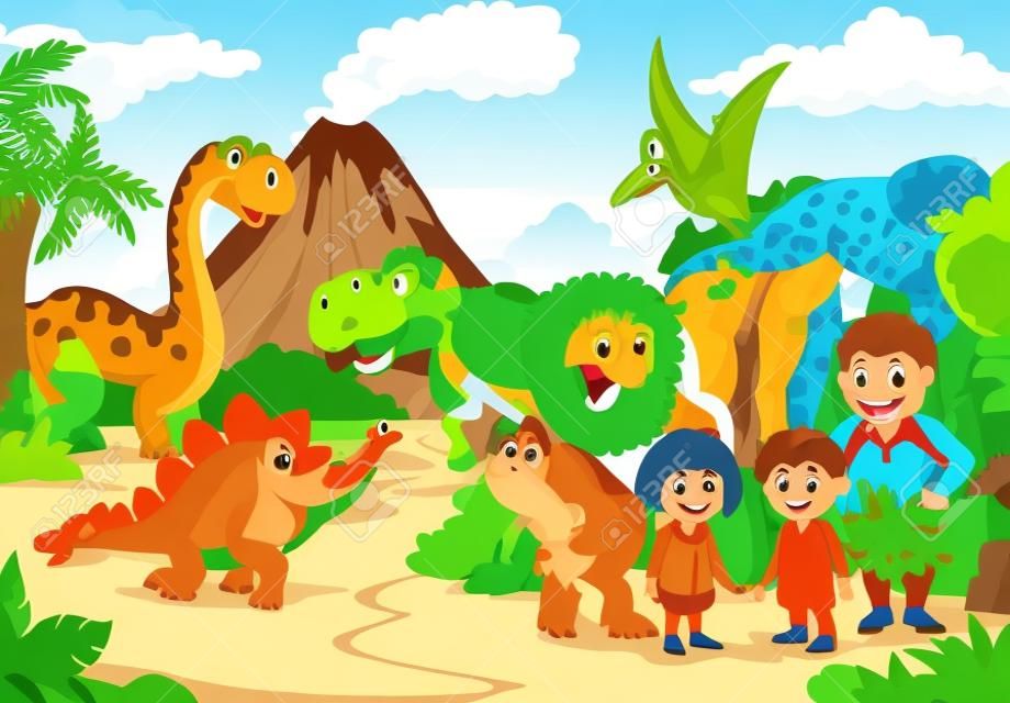 Ilustracja wektorowa grupy jaskiniowców kreskówek i dinozaurów w lesie
