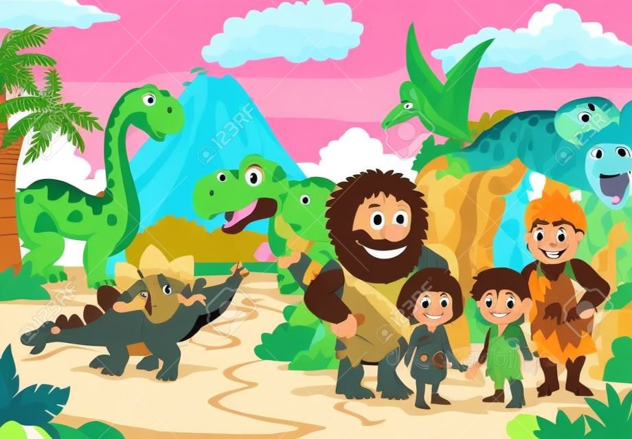 Vector illustration of Group of cartoon cavemen and dinosaurs in the forest