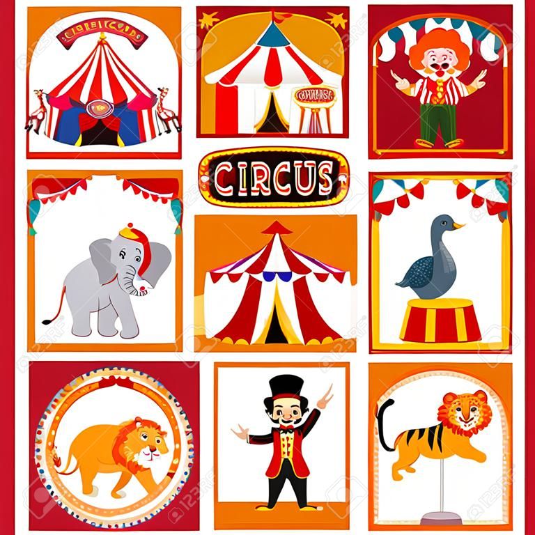 Illustrazione vettoriale di Set di artisti e animali del fumetto del circo