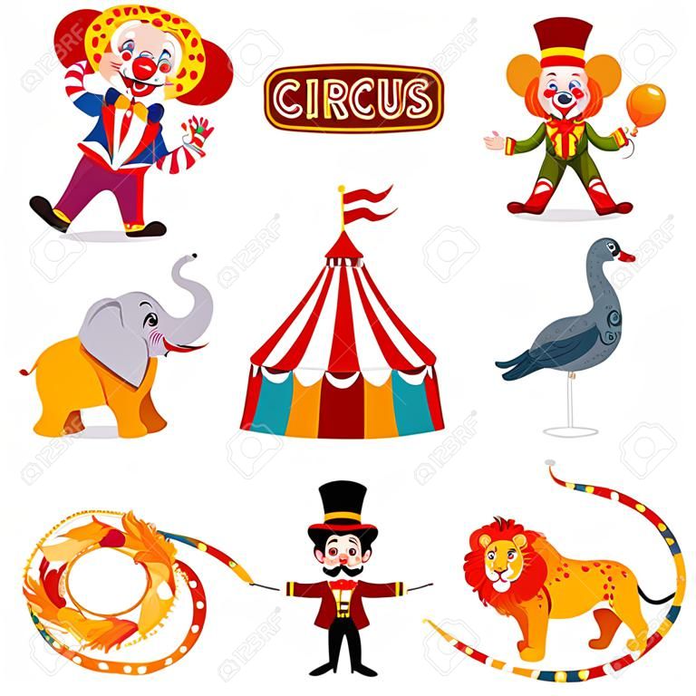 Vektor-Illustration von Set von Zirkus-Cartoon-Künstlern und Tieren