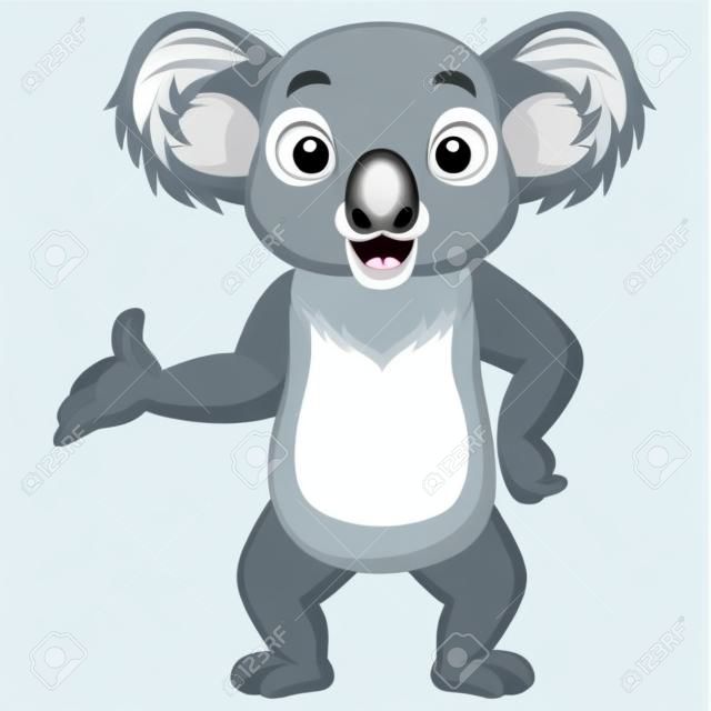 Koala feliz de dibujos animados que presenta sobre fondo blanco