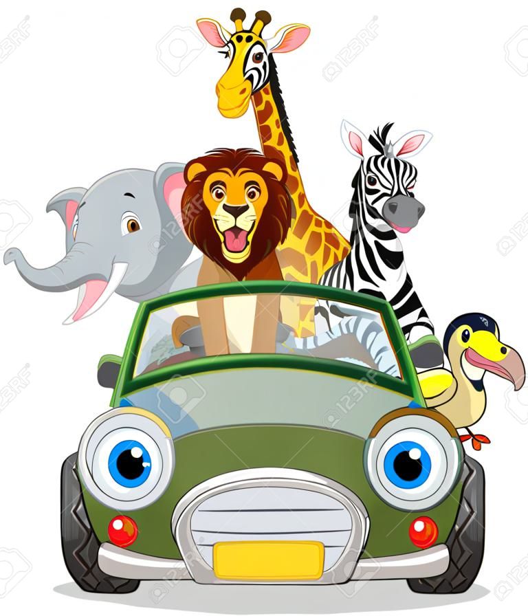 Cartoon wild animals riding a green car