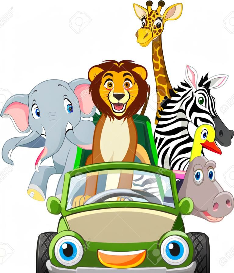 Cartoon wild animals riding a green car