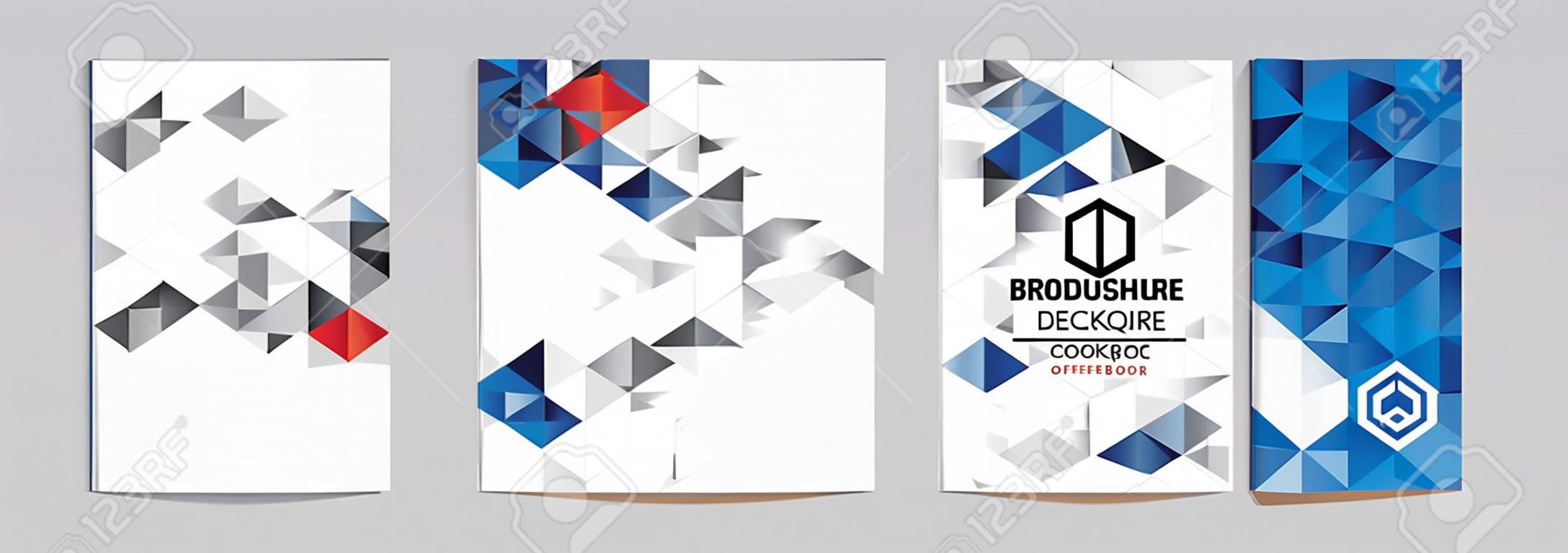 Cover template A4 size blue red gold low polygon color theme background. Company logo book page abstract design, white text layout CMYK printing. Gradient shading offset brochure.