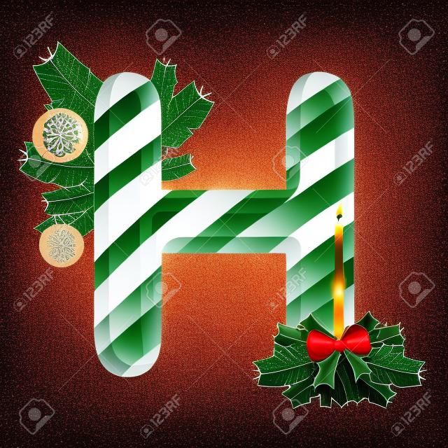クリスマスのアルファベット。木、ろうそく、装飾を施した文字Hのイラスト。はがき、壁紙、織物、スクラップブッキング、装飾、招待状、背景、休日の使用。