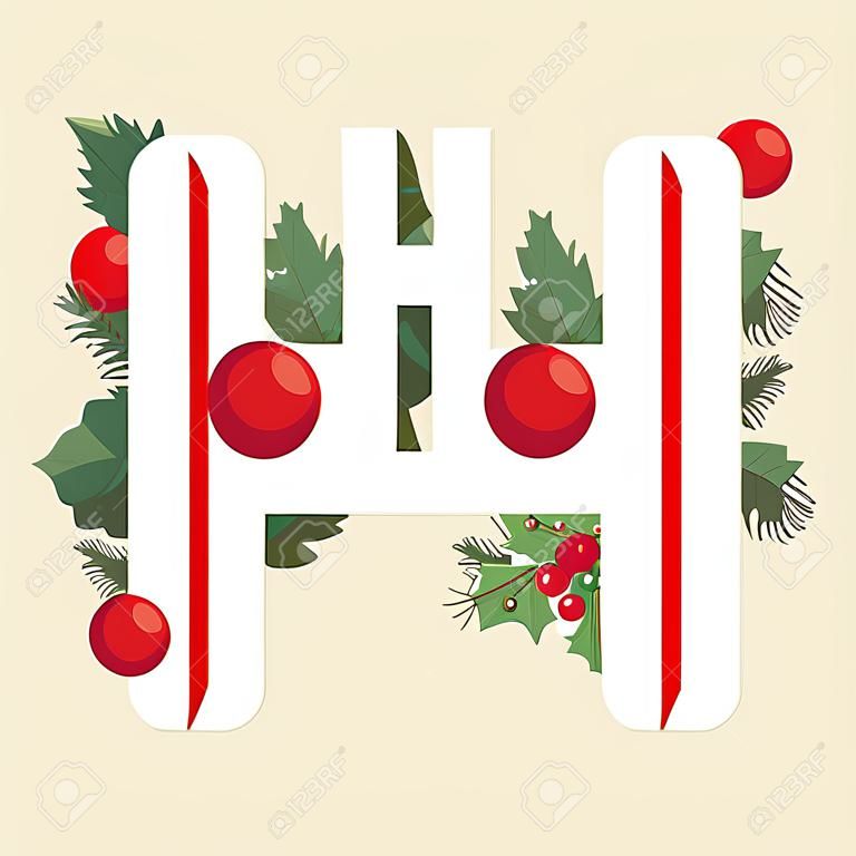 Alfabet Bożego Narodzenia. Ilustracja litery H z drzewa, świeca i dekoracje. używać do pocztówek, tapet, tekstyliów, scrapbookingu, dekoracji, zaproszeń, tła, wakacji.