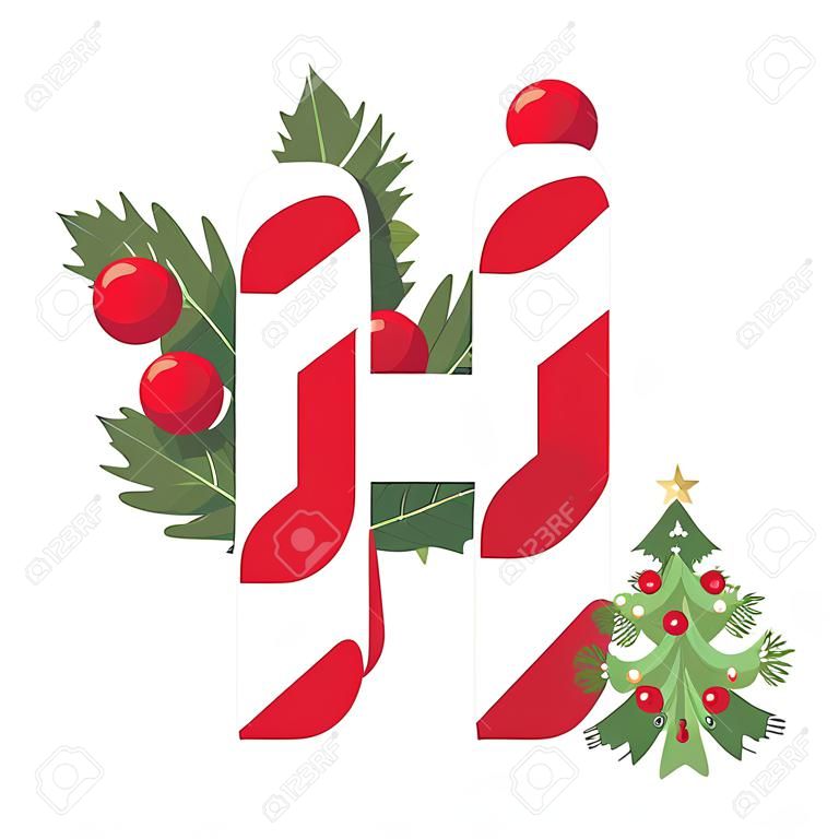 Karácsonyi ábécé. H betű fa, gyertya és díszek illusztrációja. használható képeslapokhoz, háttérképekhez, textíliákhoz, scrapbookokhoz, dekorációhoz, meghívókhoz, háttérhez, ünnepekhez.