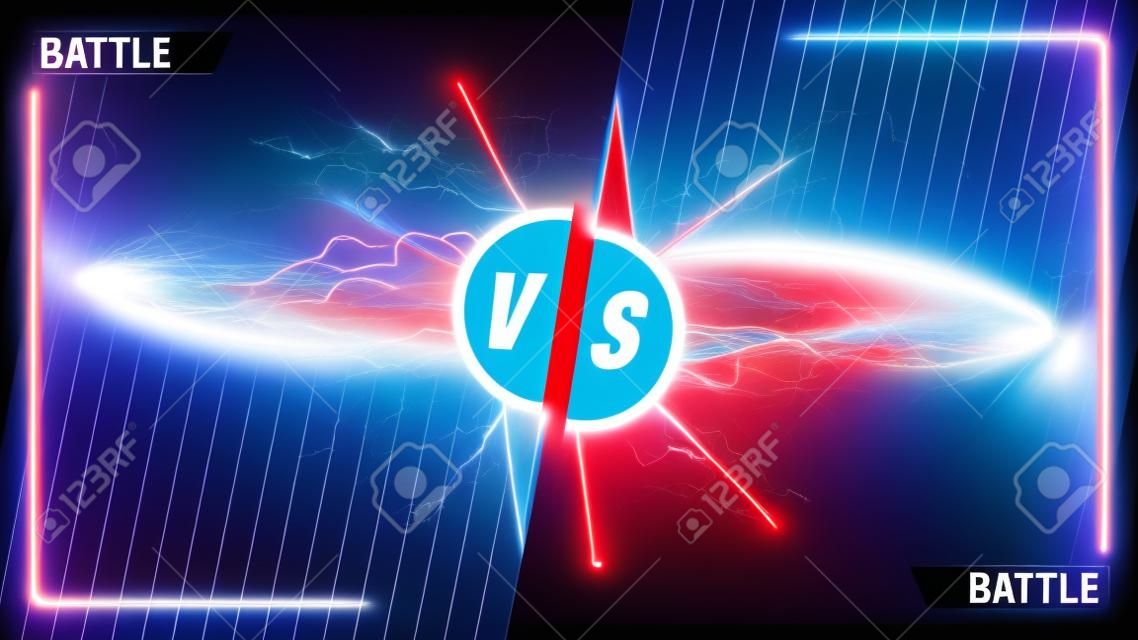 VS battle. Collision of two forces blue and red lightnings on a striped gradient background. Hot and cold sparkling power. Light effect with sparks. Realistic vector illustration.
