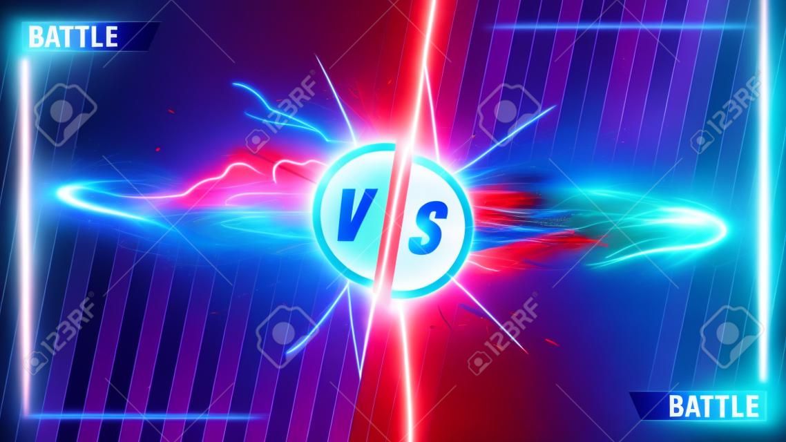 VS battle. Collision of two forces blue and red lightnings on a striped gradient background. Hot and cold sparkling power. Light effect with sparks. Realistic vector illustration.