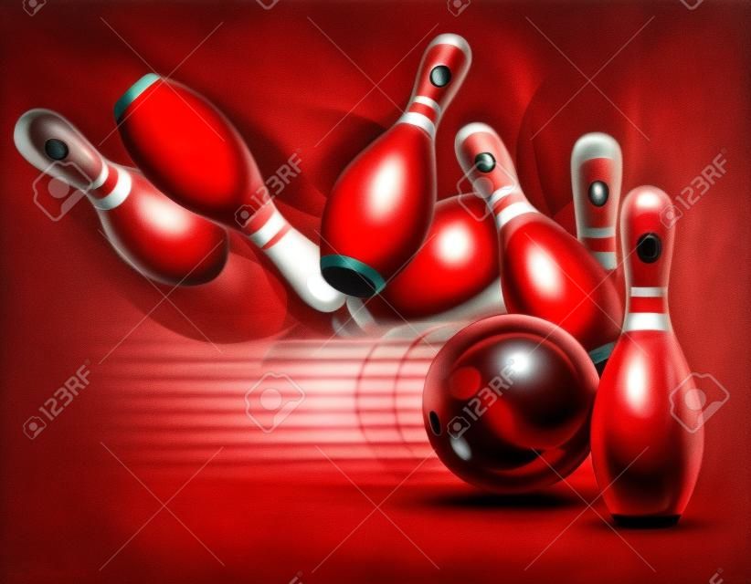 Una palla da bowling rossa schiantarsi nei perni