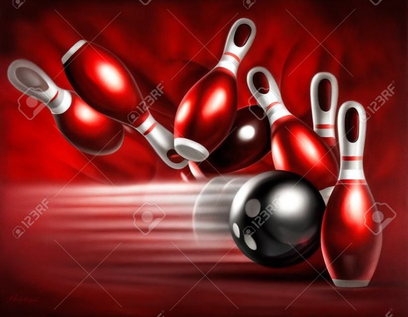 Een rode bowlingbal die tegen de pinnen botst